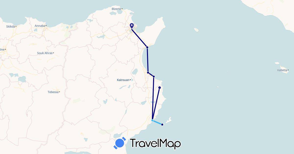TravelMap itinerary: driving, boat in Tunisia (Africa)